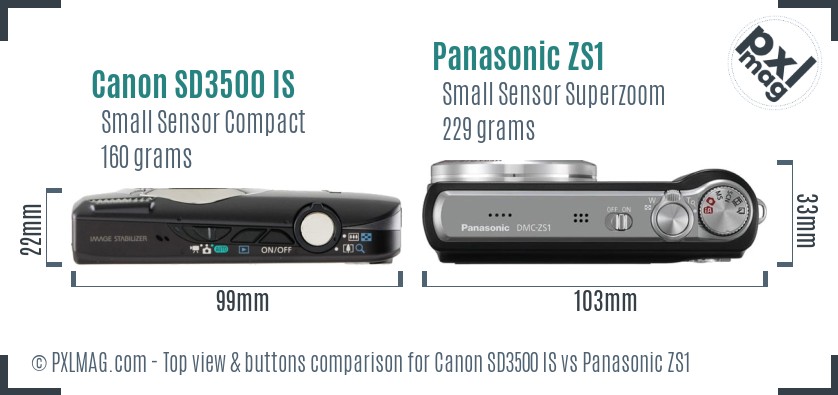 Canon SD3500 IS vs Panasonic ZS1 top view buttons comparison