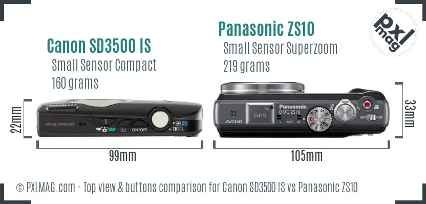 Canon SD3500 IS vs Panasonic ZS10 top view buttons comparison