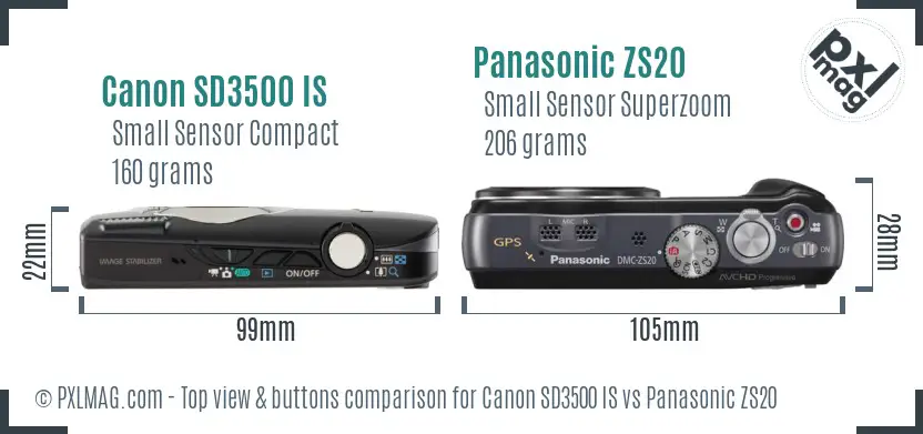 Canon SD3500 IS vs Panasonic ZS20 top view buttons comparison