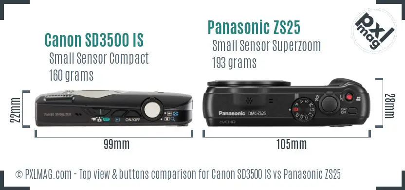 Canon SD3500 IS vs Panasonic ZS25 top view buttons comparison