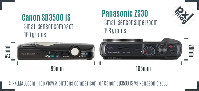 Canon SD3500 IS vs Panasonic ZS30 top view buttons comparison Canon SD3500 IS vs Panasonic ZS30 top view buttons comparison