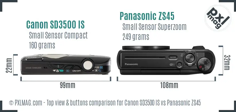 Canon SD3500 IS vs Panasonic ZS45 top view buttons comparison