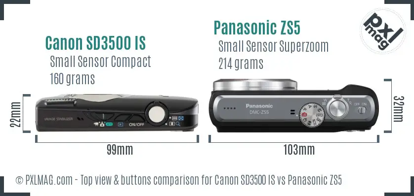 Canon SD3500 IS vs Panasonic ZS5 top view buttons comparison Canon SD3500 IS vs Panasonic ZS5 top view buttons comparison