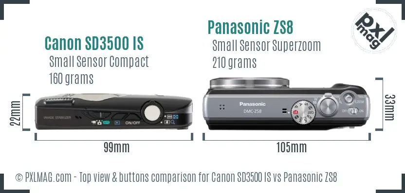 Canon SD3500 IS vs Panasonic ZS8 top view buttons comparison