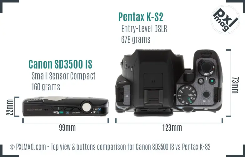 Canon SD3500 IS vs Pentax K-S2 top view buttons comparison