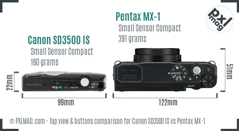 Canon SD3500 IS vs Pentax MX-1 top view buttons comparison