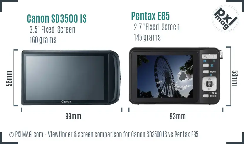 Canon SD3500 IS vs Pentax E85 Screen and Viewfinder comparison