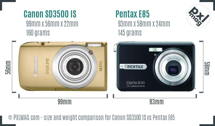 Canon SD3500 IS vs Pentax E85 size comparison