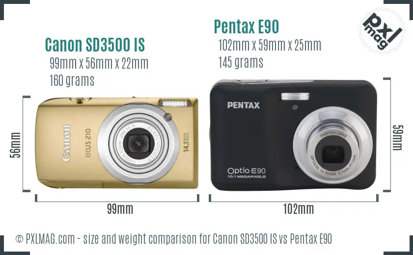 Canon SD3500 IS vs Pentax E90 size comparison