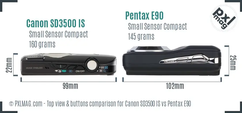 Canon SD3500 IS vs Pentax E90 top view buttons comparison