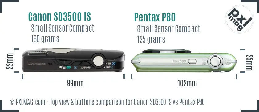 Canon SD3500 IS vs Pentax P80 top view buttons comparison