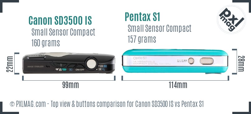 Canon SD3500 IS vs Pentax S1 top view buttons comparison