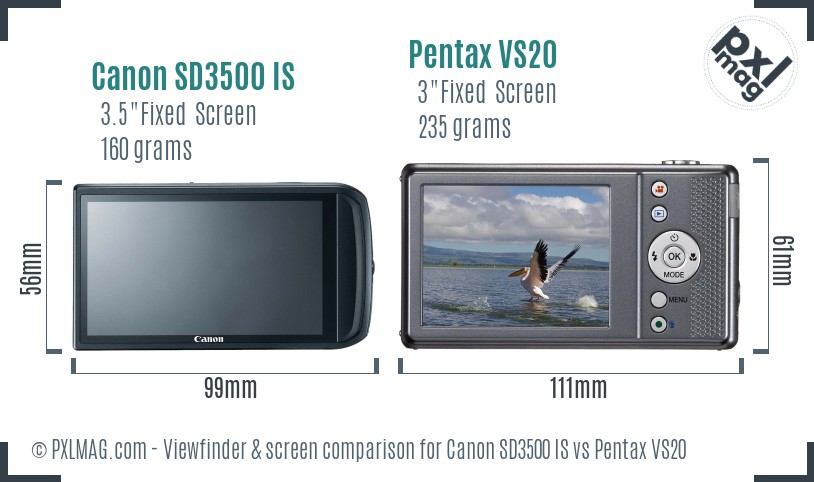 Canon SD3500 IS vs Pentax VS20 Screen and Viewfinder comparison
