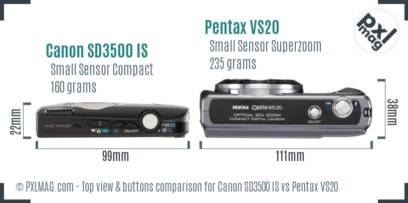 Canon SD3500 IS vs Pentax VS20 top view buttons comparison
