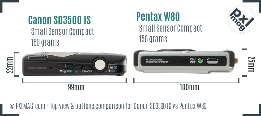 Canon SD3500 IS vs Pentax W80 top view buttons comparison