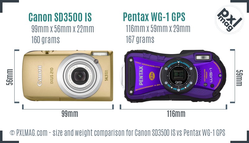 Canon SD3500 IS vs Pentax WG-1 GPS size comparison Canon SD3500 IS vs Pentax WG-1 GPS size comparison