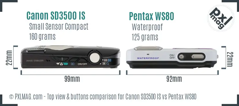 Canon SD3500 IS vs Pentax WS80 top view buttons comparison Canon SD3500 IS vs Pentax WS80 top view buttons comparison