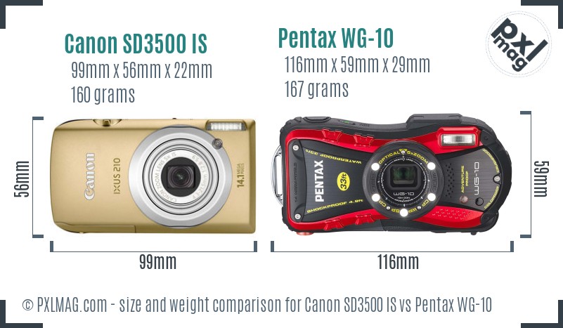 Canon SD3500 IS vs Pentax WG-10 size comparison