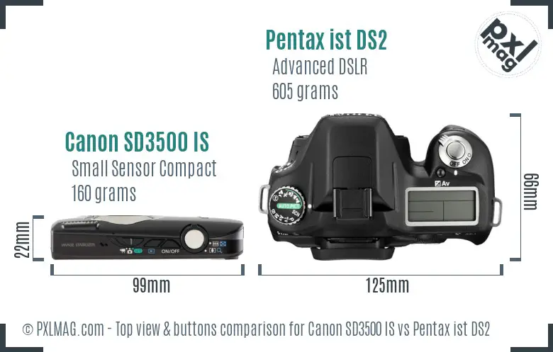 Canon SD3500 IS vs Pentax ist DS2 top view buttons comparison