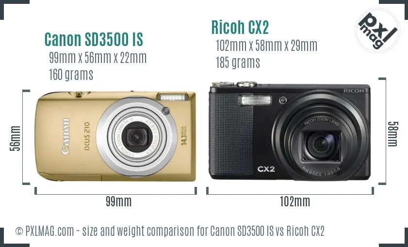 Canon SD3500 IS vs Ricoh CX2 size comparison