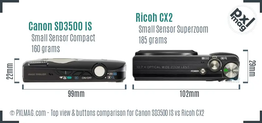 Canon SD3500 IS vs Ricoh CX2 top view buttons comparison
