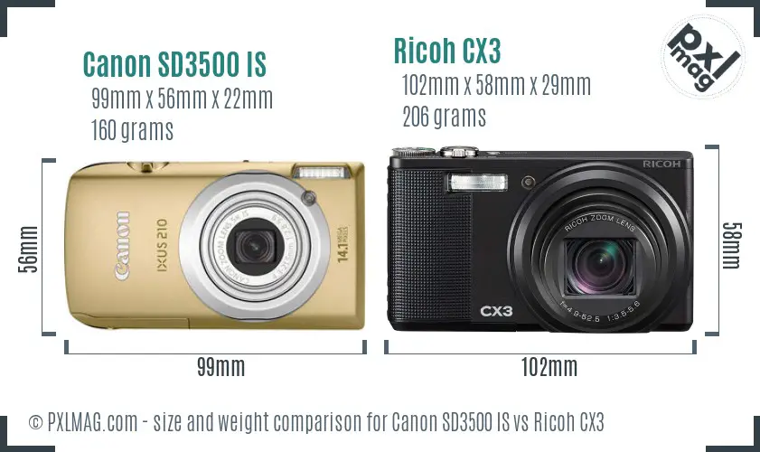 Canon SD3500 IS vs Ricoh CX3 size comparison