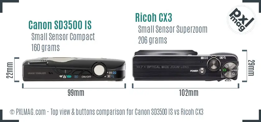 Canon SD3500 IS vs Ricoh CX3 top view buttons comparison