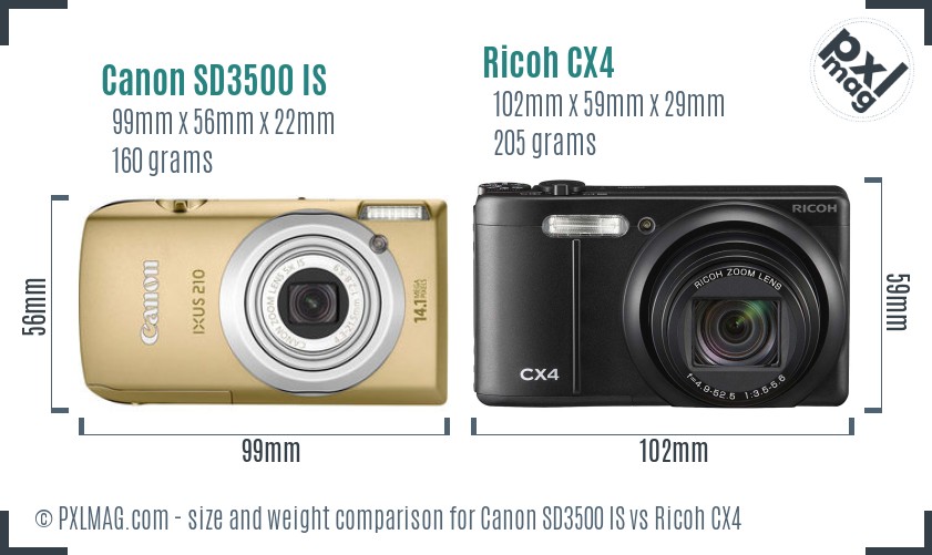 Canon SD3500 IS vs Ricoh CX4 size comparison