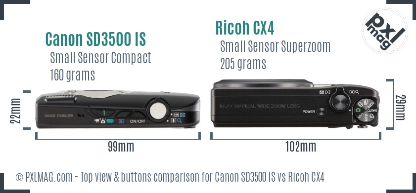 Canon SD3500 IS vs Ricoh CX4 top view buttons comparison