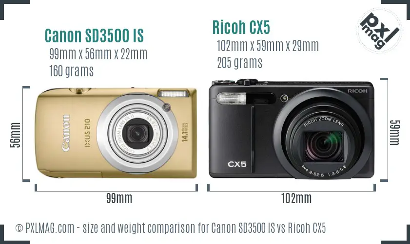 Canon SD3500 IS vs Ricoh CX5 size comparison