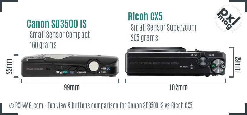 Canon SD3500 IS vs Ricoh CX5 top view buttons comparison