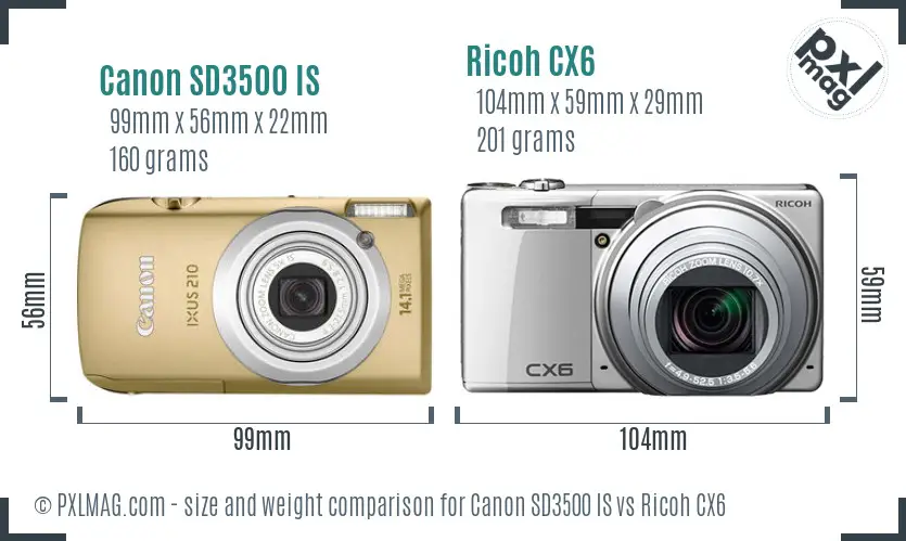 Canon SD3500 IS vs Ricoh CX6 size comparison