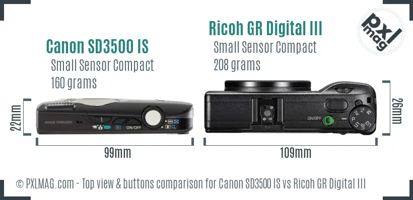 Canon SD3500 IS vs Ricoh GR Digital III top view buttons comparison
