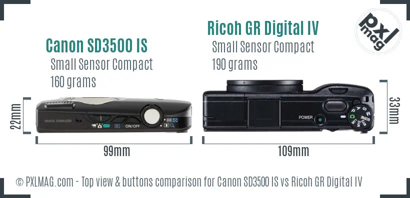 Canon SD3500 IS vs Ricoh GR Digital IV top view buttons comparison
