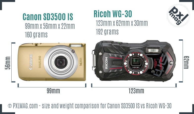 Canon SD3500 IS vs Ricoh WG-30 size comparison