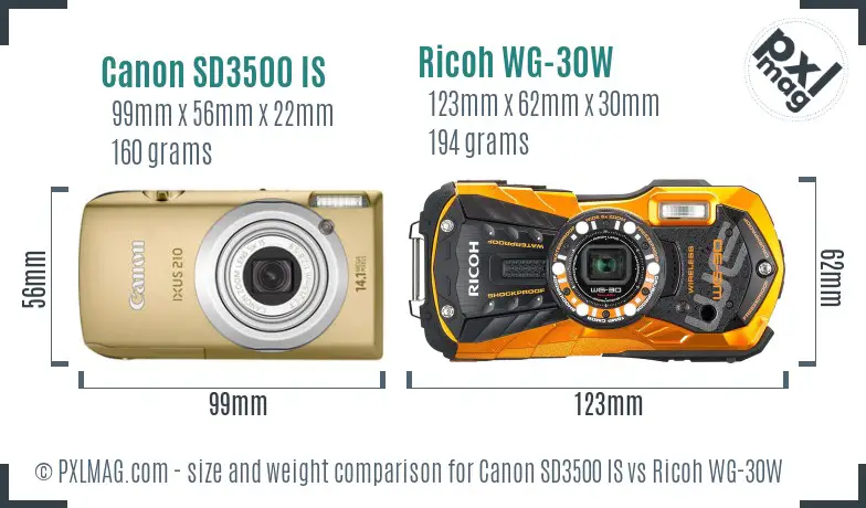 Canon SD3500 IS vs Ricoh WG-30W size comparison