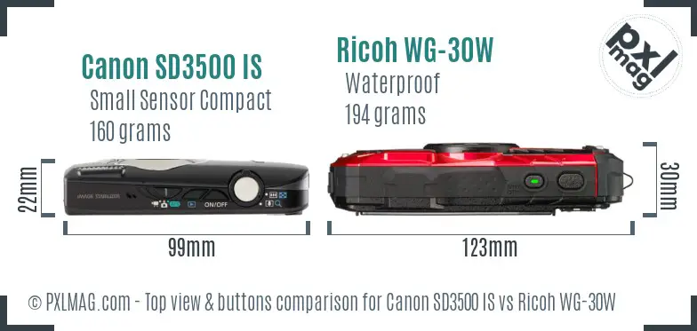Canon SD3500 IS vs Ricoh WG-30W top view buttons comparison