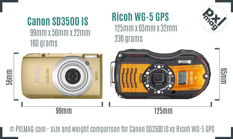 Canon SD3500 IS vs Ricoh WG-5 GPS size comparison Canon SD3500 IS vs Ricoh WG-5 GPS size comparison