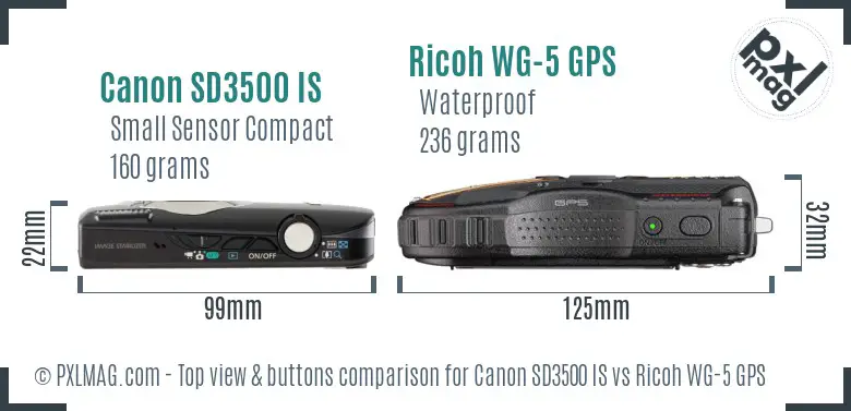 Canon SD3500 IS vs Ricoh WG-5 GPS top view buttons comparison