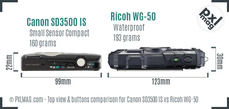 Canon SD3500 IS vs Ricoh WG-50 top view buttons comparison Canon SD3500 IS vs Ricoh WG-50 top view buttons comparison