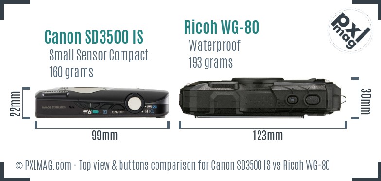 Canon SD3500 IS vs Ricoh WG-80 top view buttons comparison