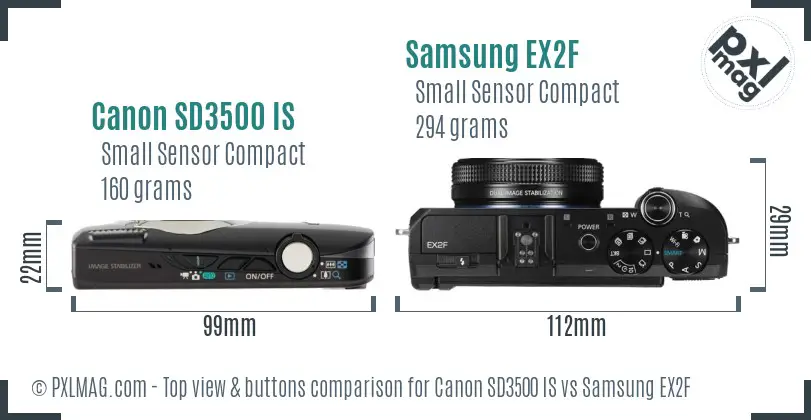 Canon SD3500 IS vs Samsung EX2F top view buttons comparison