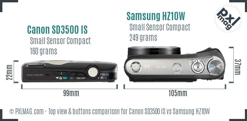 Canon SD3500 IS vs Samsung HZ10W top view buttons comparison