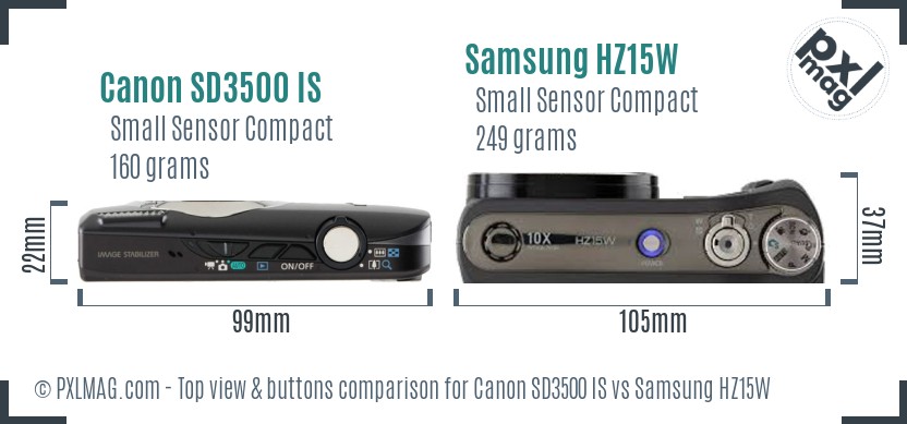 Canon SD3500 IS vs Samsung HZ15W top view buttons comparison