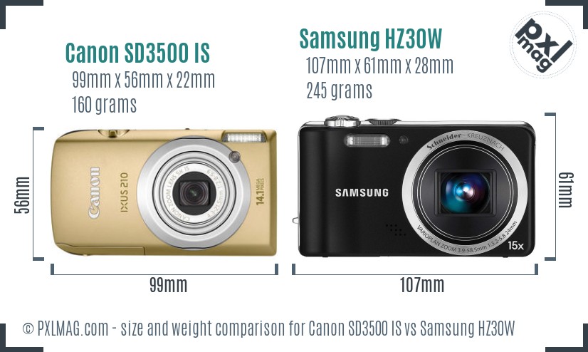 Canon SD3500 IS vs Samsung HZ30W size comparison