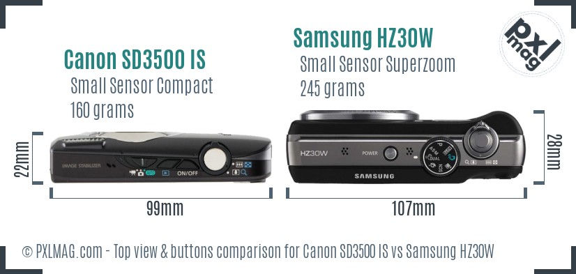 Canon SD3500 IS vs Samsung HZ30W top view buttons comparison
