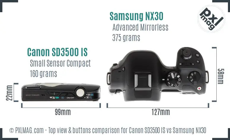 Canon SD3500 IS vs Samsung NX30 top view buttons comparison