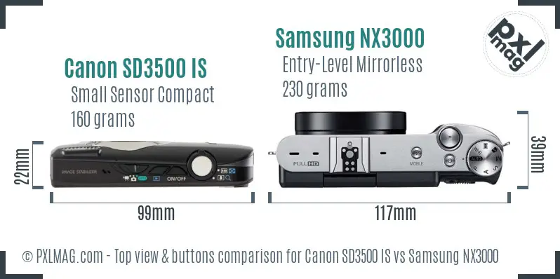 Canon SD3500 IS vs Samsung NX3000 top view buttons comparison