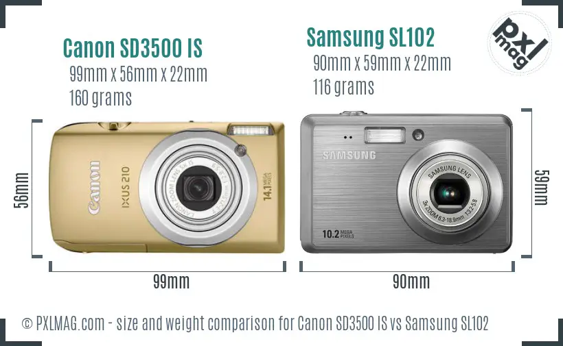 Canon SD3500 IS vs Samsung SL102 size comparison