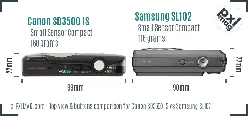 Canon SD3500 IS vs Samsung SL102 top view buttons comparison